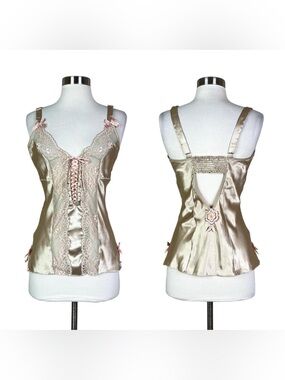 Vintage | Fruit De La Passion Y2K Satin Lace Mesh Lace Up Bow Lingerie Top XS